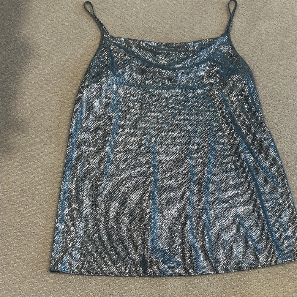 Zara Metallic Blue Silver Cowl Neck Camisole Top